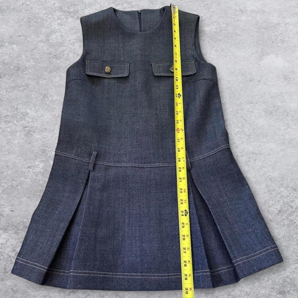 Honore Wool Blend Pleated Structured Mini Dress Dark Indigo Blue Gold Button S - Picture 2 of 8